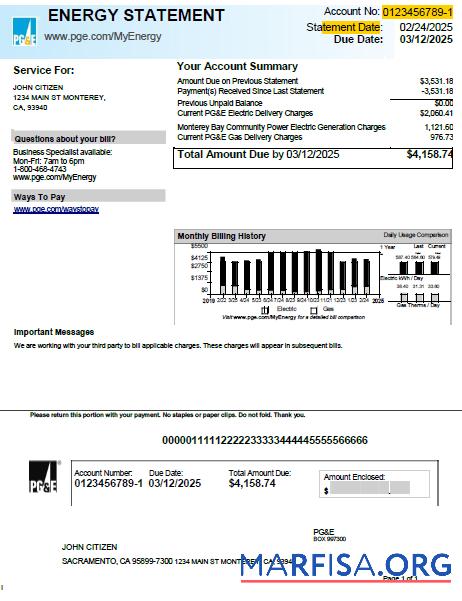 Blank USA PG&E utility bill template in Word and PDF formats, version 2